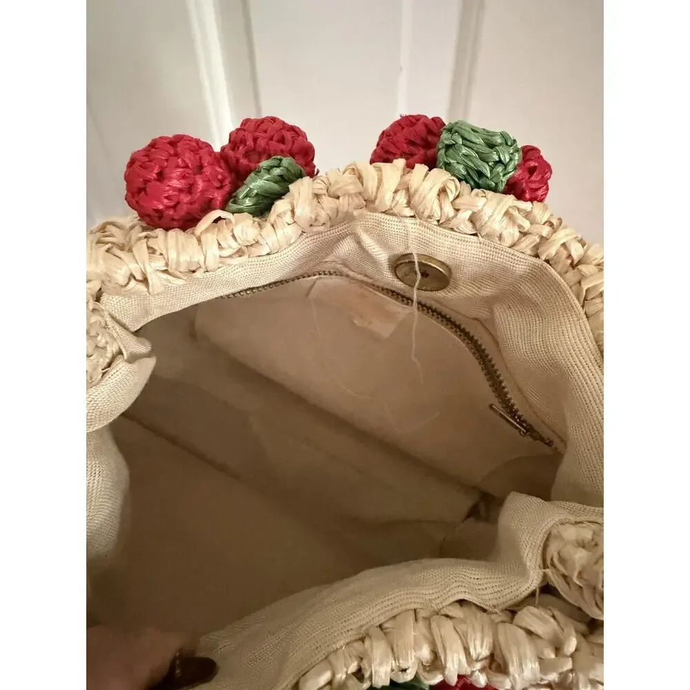 Vintage Ritter Bag Raffia Straw Purse Red Berry Appliqué Handbag Japan 10x7